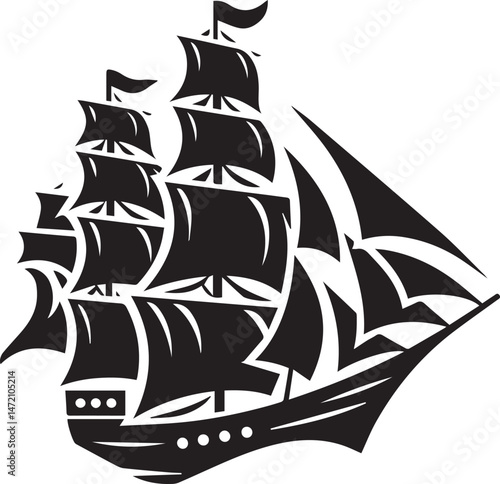 Vintage Black Silhouette of a Sailing Ship with Full Sails