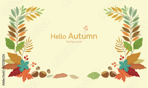 Fall template background image with fallen leaves, plant natural harvest fruit
