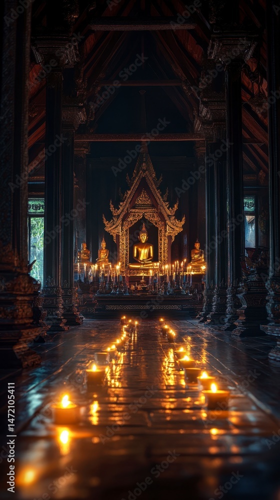 Fototapeta premium Serene Buddha Image Illuminated by Candlelight in Dark Temple Interior