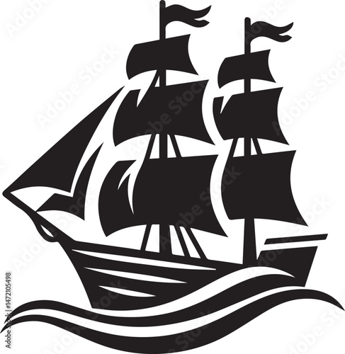 Vintage Black Silhouette of a Sailing Ship with Full Sails
