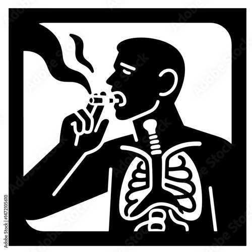 A black and white vector illustration showing a man smoking a cigarette, with his lungs and respiratory system highlighted.
