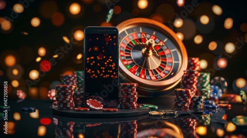 casino, gamble, poker, money, luck, chance, Podium with smartphone, casino slot machine, Casino Roulette , cards and poker chips in dark gold scene