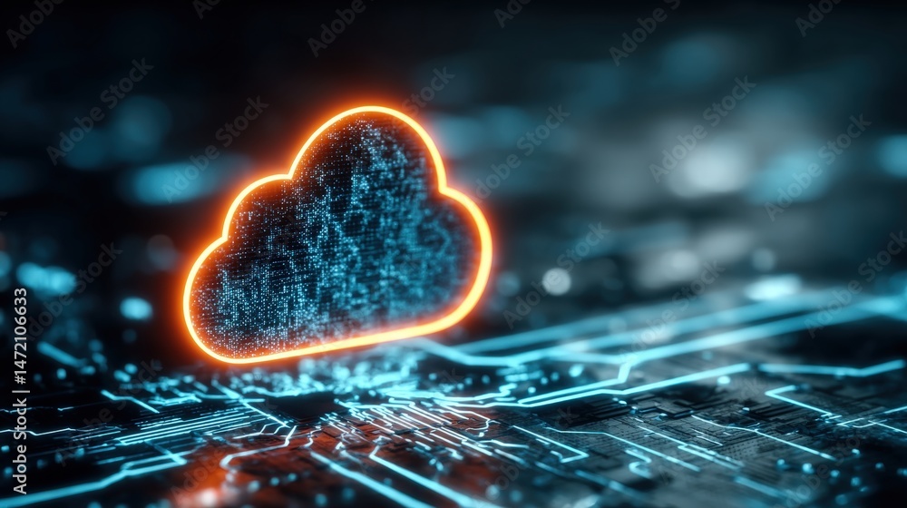 Fototapeta premium A glowing cloud icon hovers over a digital circuit board, symbolizing cloud computing and modern technology integration.