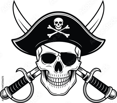 Pirate Skull with Crossed Swords and Pirate Hat Silhouette Vector Design.
