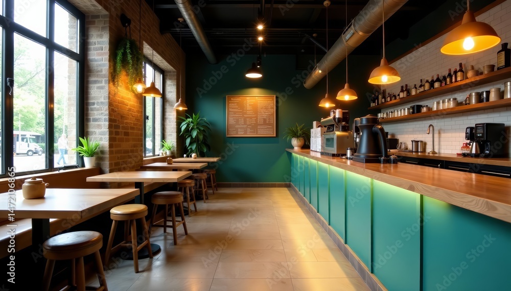 Contemporary coffee shop with geometric counters and industrial fixtures, cafe, architecture, sleek Contemporary coffee shop with geometric counters and industrial fixtures, cafe, architecture, sleek