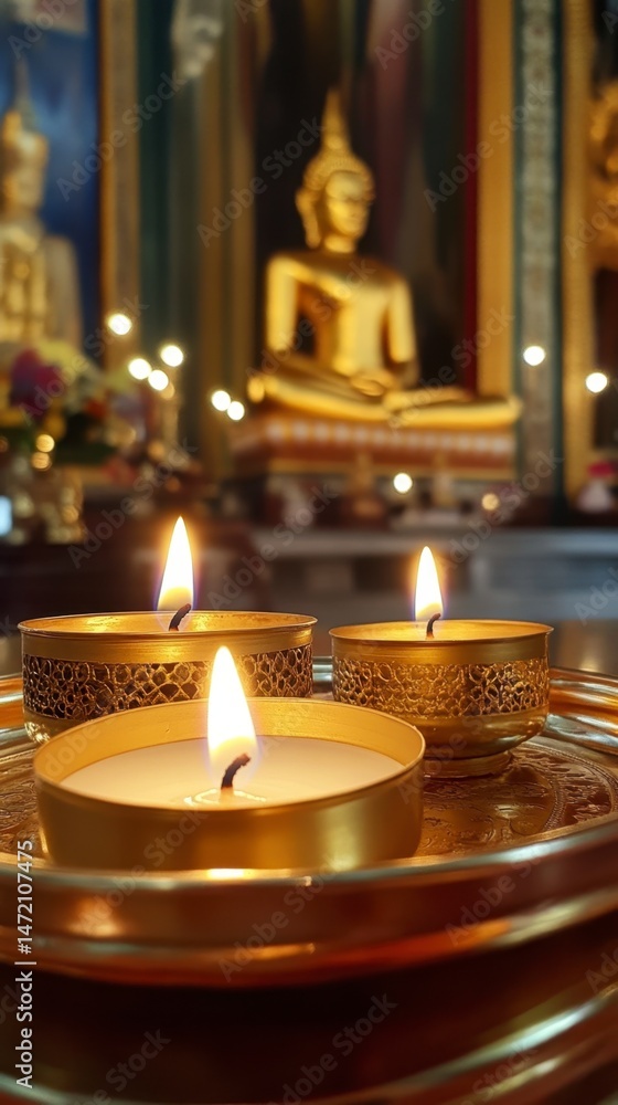 Fototapeta premium Tranquil Buddist Altar with Candle Light and Serene Atmosphere