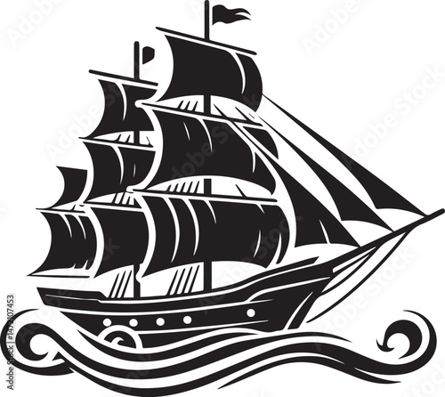 Vintage Black Silhouette of a Sailing Ship with Full Sails