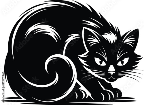 Stylized Black Cat Silhouette in Crouched Position