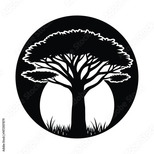 Silhouette of a stylized african savanna tree within an oval frame representing nature's beauty.
