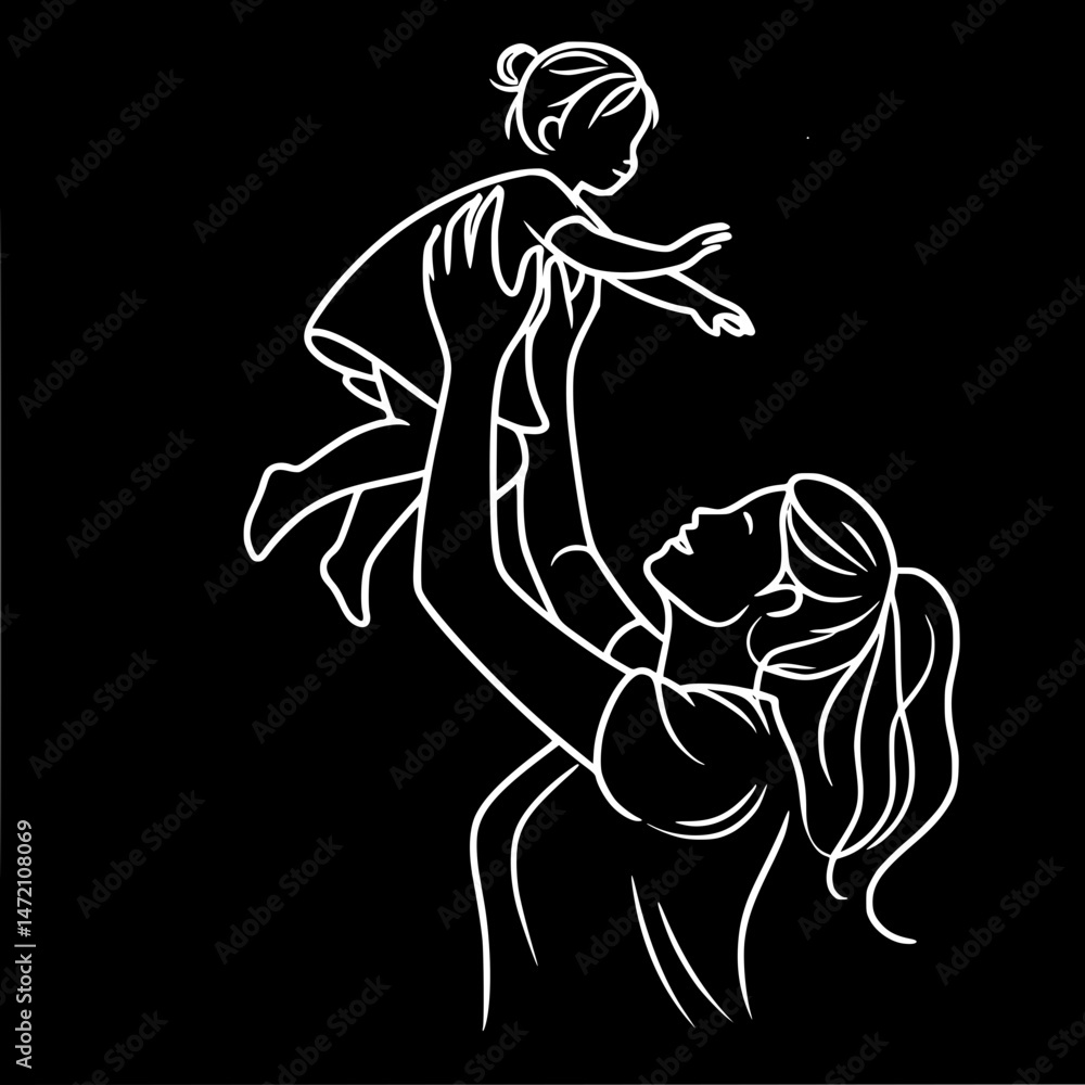Fototapeta premium Mother lifting little daughter high above head in joyful moment on black background, one line outline vector
