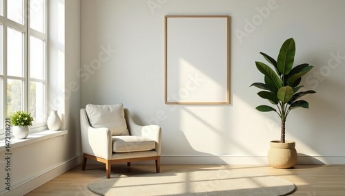 Contemporary square living room poster featuring a single comfortable beige armchair, calm ambiance, contemporary, comfort
