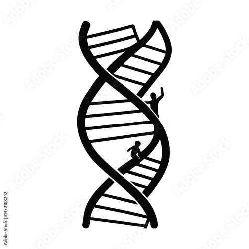 Conceptual depiction of human figures interacting with a stylized dna double helix structure
