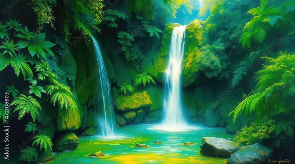 Fototapeta premium Serene Waterfall in Lush Tropical Jungle with Vivid Greenery