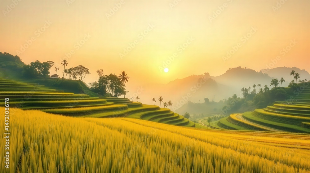 Fototapeta premium Serene Rice Terraces at Sunset with Warm Golden Hue and Silhouettes