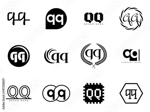 QQ logo company template. Letter q and q logotype. Set different classic serif lettering and modern bold text with design elements. Initial font typography.