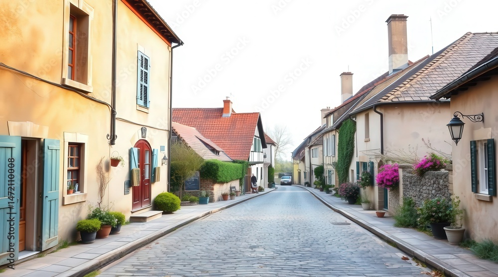 Fototapeta premium Charming Cobblestone Street in a Quaint European Village Scene