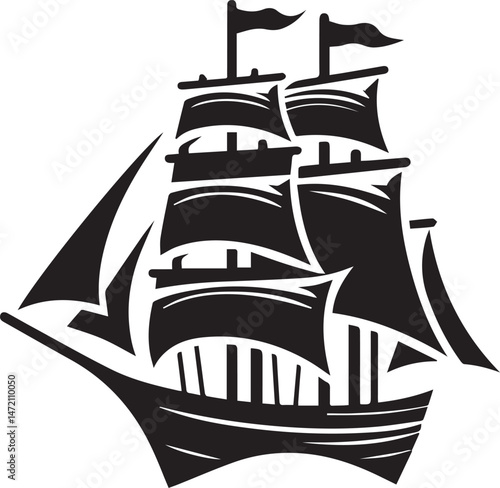 Vintage Black Silhouette of a Sailing Ship with Full Sails
