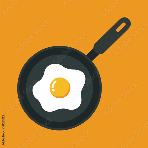 Vector illustration of a fried egg in a frying pan on a bright orange background for breakfast