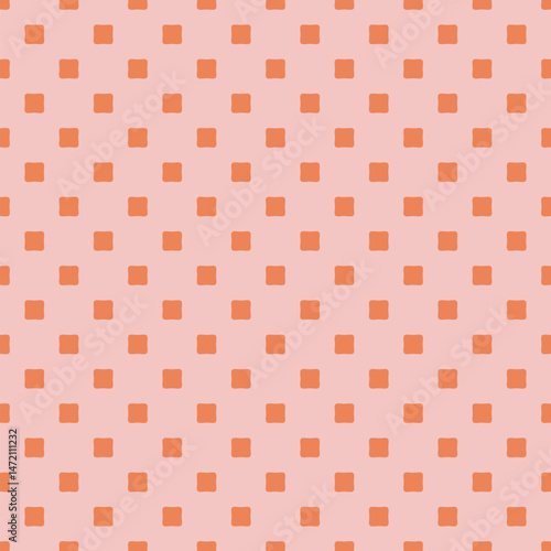 Vector minimalist seamless pattern. Funky pink and orange minimal geometric background. Simple abstract texture with small rounded squares, polka dots in regular grid. Repeated design for decor, print