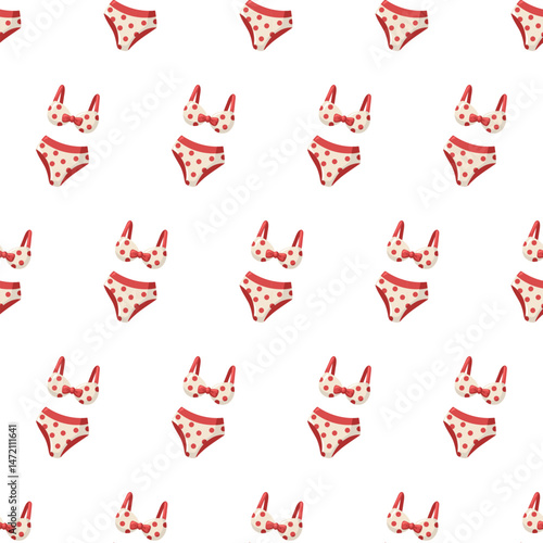 Seamless pattern with cartoon polka dot bra and panties set. Retro swimsuit. Cute cartoon style vector background