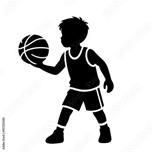 A young boy, silhouetted in black, holds a basketball, ready to play. Vector art style on a white background.