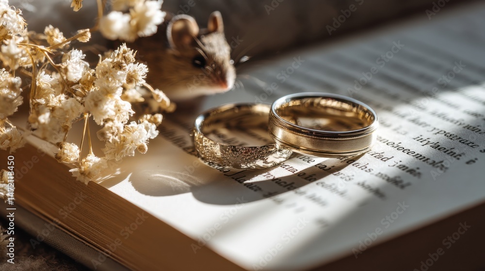 Closeup of wedding rings resting on an open book, illuminated by sunlight, with a small mouse and dried flowers nearby. : Generative AI Closeup of wedding rings resting on an open book, illuminated by sunlight, with a small mouse and dried flowers nearby. : Generative AI