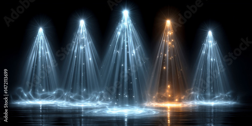 Five spotlights shine with different colors, illuminating a glossy black surface