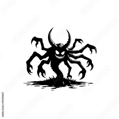 Eerie horned silhouette monster with multi limbs vector graphic illustration