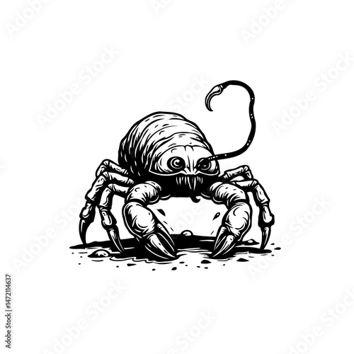 Monochrome illustration of a fantastical creature with claws and stinger tail