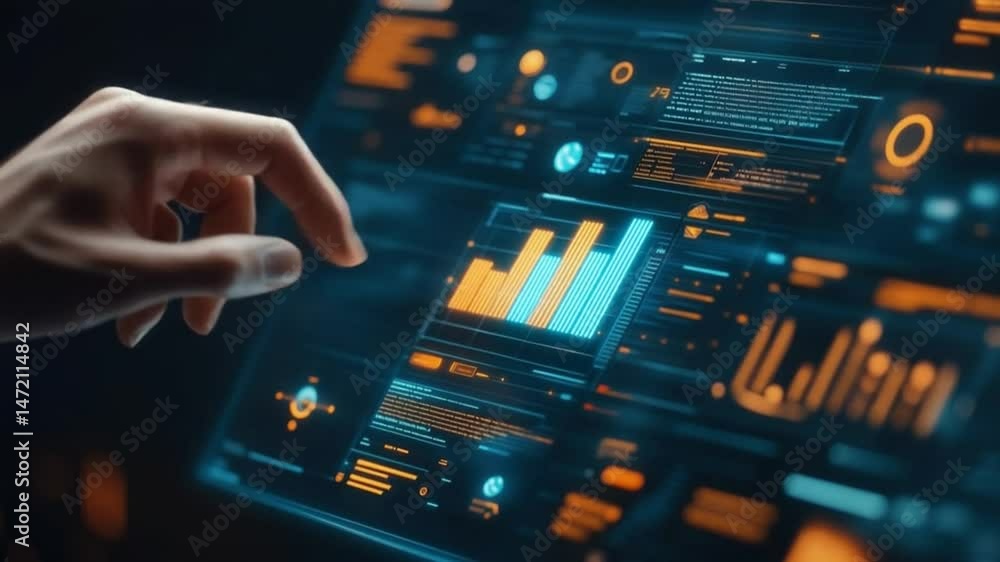 Interactive data dashboard with hand touching a screen Interactive data dashboard with hand touching a screen