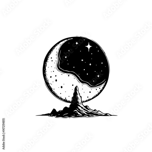 Abstract monochrome illustration featuring moon, stars and mountainous landscape