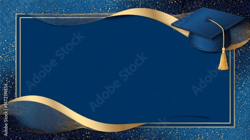 Elegant graduation ceremony invitation template with blue and gold design for postcards or announcements