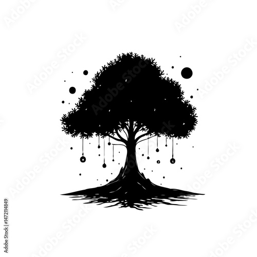 Silhouetted arboreal figure, abstract design with dangling orb ornamentation
