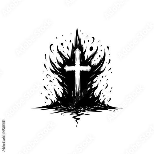 Ethereal cross emerging from dark ink, symbolizing hope amidst artistic shadows