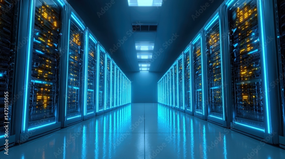 Fototapeta premium A modern data center corridor with illuminated server racks and a reflective floor, showcasing advanced technology infrastructure.
