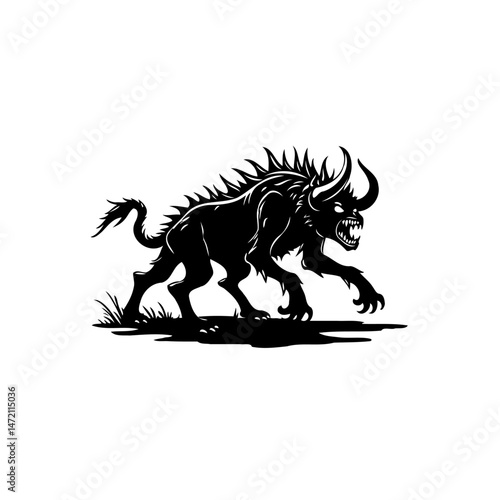 Silhouette of a horned beast figure with wild spiky mane and sharp fangs