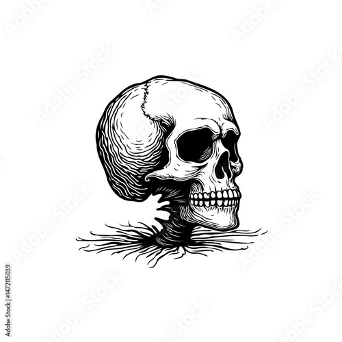 Monochrome depiction of a human skull on a neutral background, illustrative design