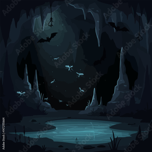Exploring Dark Cave with Pond Bats and Glowing Insects Flying
