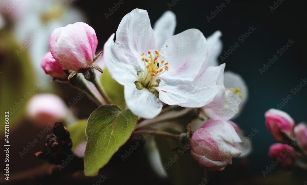 Fototapeta premium Blossoming apple tree flowers in spring during daylight with pink and white petals in a garden setting