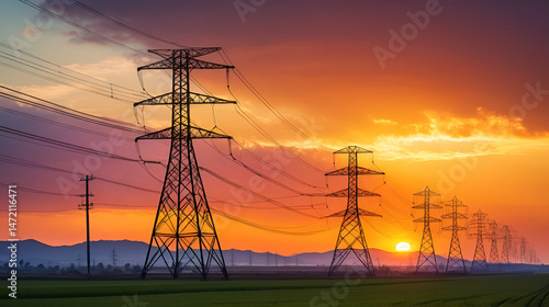 Electricity pylons and power lines rising against a stunning sunset create a striking image of energy infrastructure and distribution, highlighting the dynamic nature of the landscape