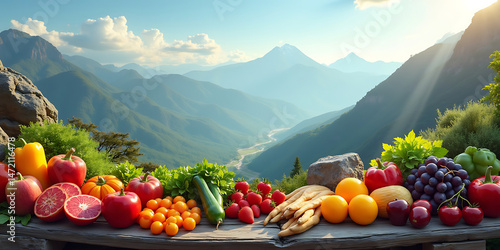 Fototapeta Naklejka Na Ścianę i Meble -  Abundant fresh fruits and vegetables displayed on a wooden table with majestic mountain scenery