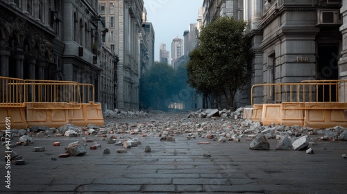 Urban riot aftermath scene with overturned barriers and debris in a city street for protest and conflict themes photo