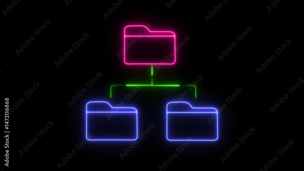 Neon File Sharing Network Icon glowing animation on black background. Networked folder system. Neon File Sharing Network Icon glowing animation on black background. Networked folder system.