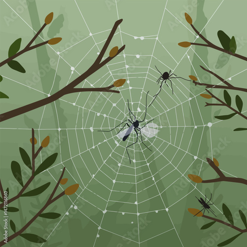 Captured Insect in Spiderweb with Forest Backdrop Illustration
