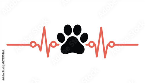 Heartbeat with Paw Print Vector Icon. Pet Care and Veterinary Love Symbol.
