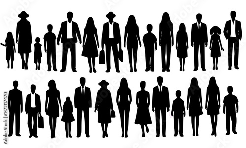 Silhouettes of Diverse Individuals in Various Poses, collection of black silhouettes depicting various individuals in different postures and attire