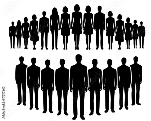 Silhouettes of People in Motion, dynamic collection of silhouettes depicting individuals in various walking and standing poses
