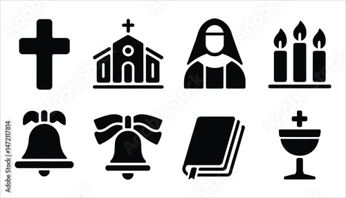 Christian Church Symbol Icon Set. Cross, Bible, Bell, Nun, and Candle Silhouettes
