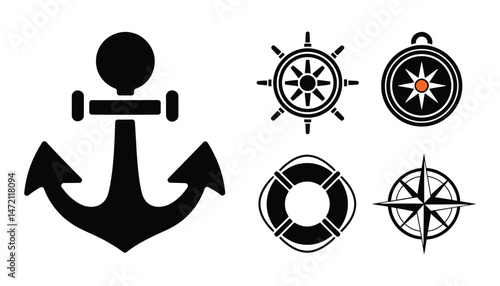 Anchor, Compass, and Lifebuoy Icons with Heart, Nautical Love Symbol Design