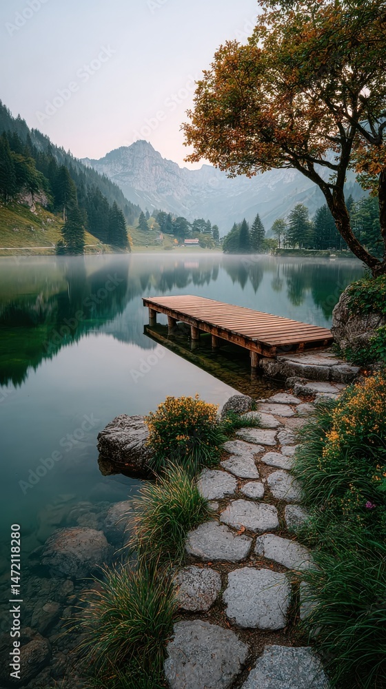 Fototapeta premium Serene lakeside view with wooden dock and misty mountains at dawn